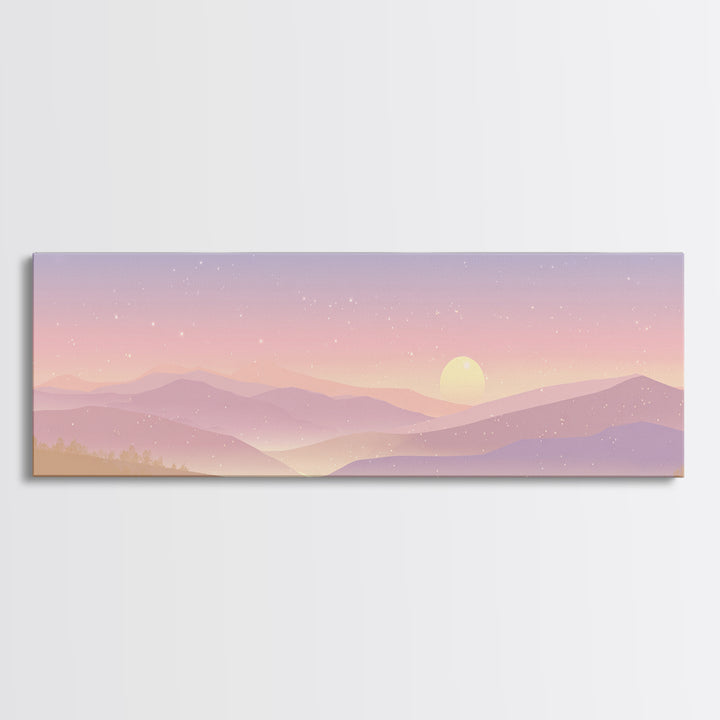 Pastel Mountain Moon Wall Art, Minimalist Sunset Landscape, Celestial Nursery Print, Calming Soft Pink Bedroom Home Decor Gift