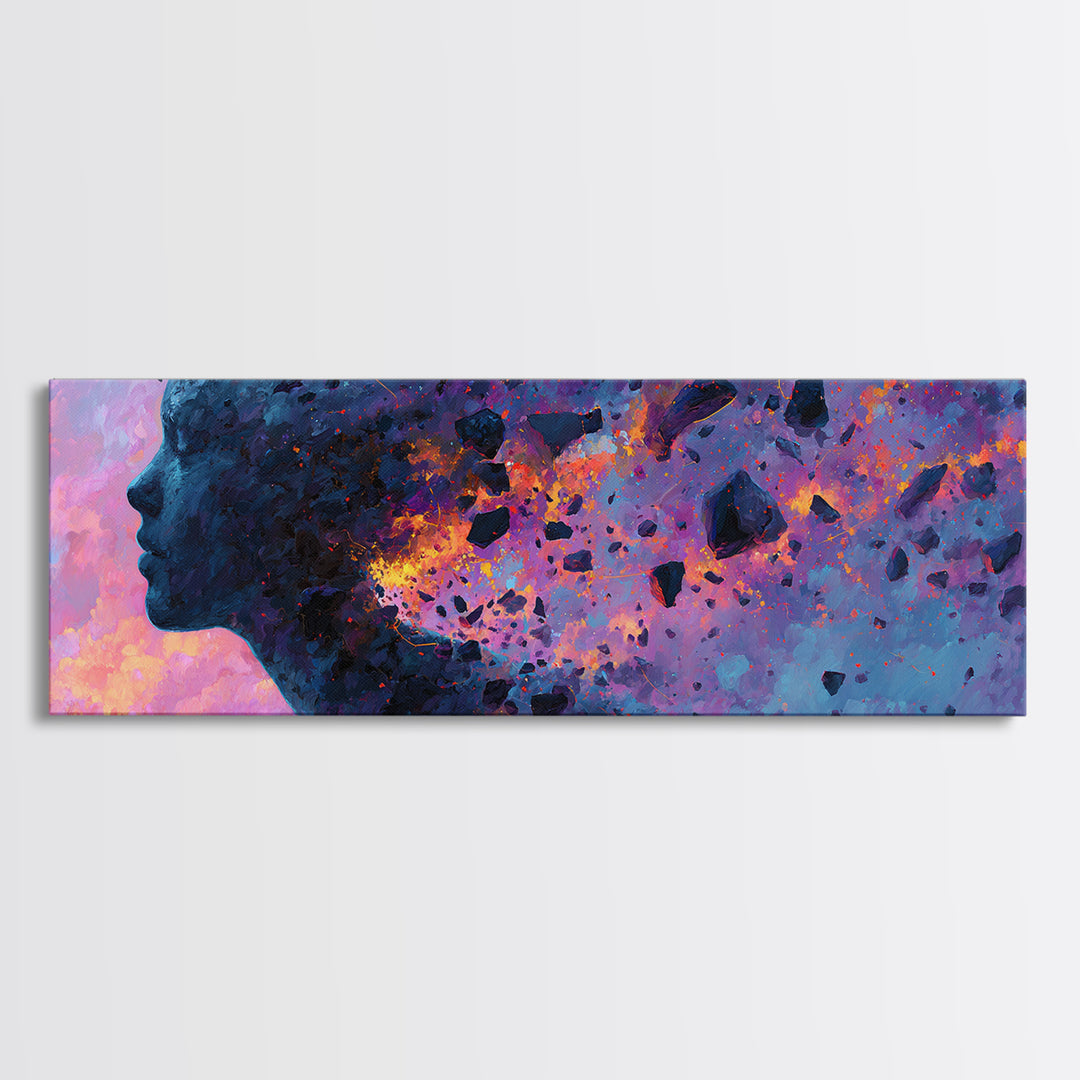 Cosmic Woman Profile Dissolving Into Stars Canvas Print, Surreal Feminine Wall Art For Bedroom Decor And Modern Office Decor