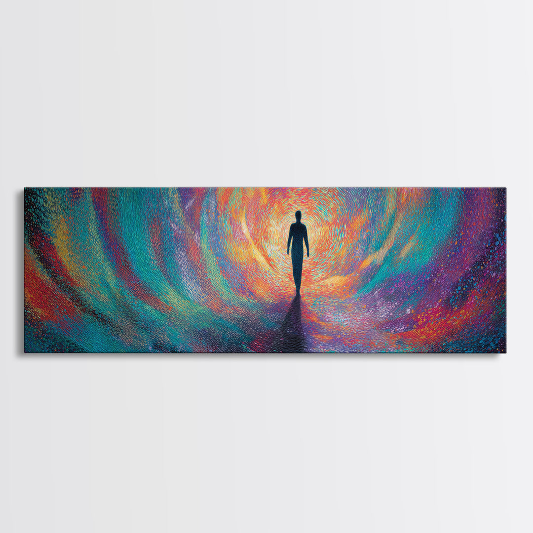 Silhouette Walking Into Rainbow Vortex Wall Art, Abstract Psychedelic Art Print, Meditation Decor, Modern Canvas Print For Living Room