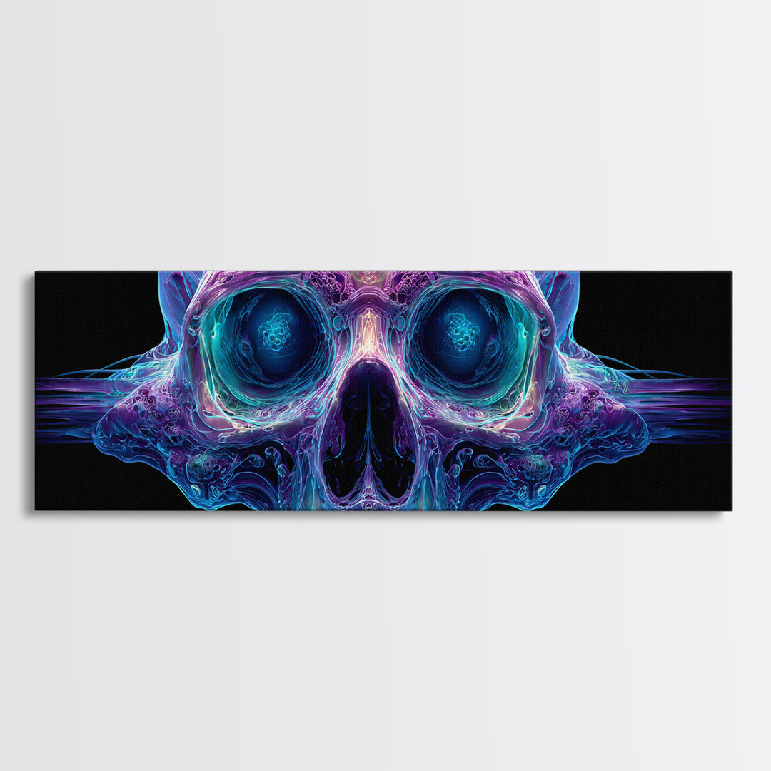 Neon Crystal Skull Wall Art, Gothic Psychedelic Dark Art Print, Futuristic Macabre Decor, Framed Canvas Print For Living Room