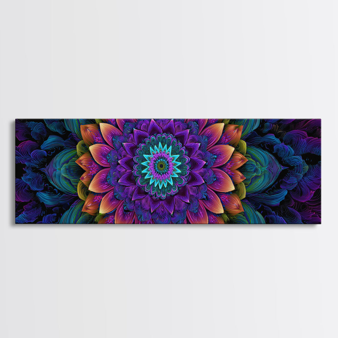 Vibrant Fractal Mandala Flower Canvas Print, Psychedelic Wall Art, Colorful Spiritual Decor, Meditation Room Art, Yoga Studio