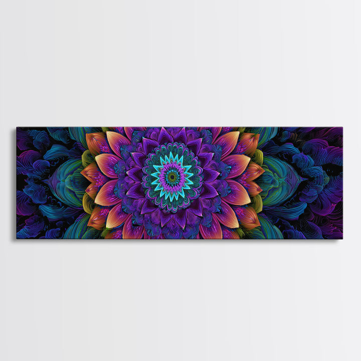 Vibrant Fractal Mandala Flower Canvas Print, Psychedelic Wall Art, Colorful Spiritual Decor, Meditation Room Art, Yoga Studio