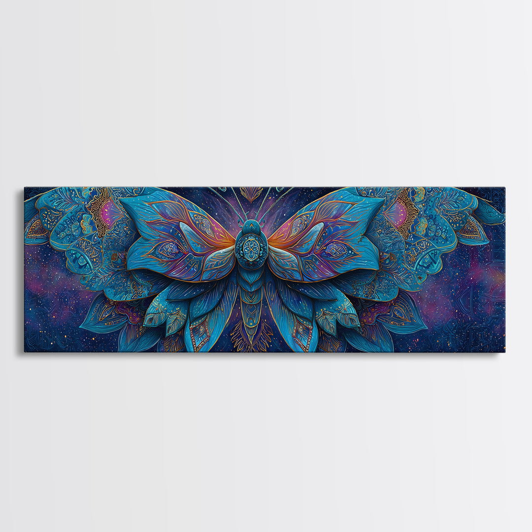 Celestial Blue Moth With Jeweled Wings Framed Canvas Print, Mystical Wall Art For Bedroom Decor And Gift For Her, Boho Celestial Home Decor