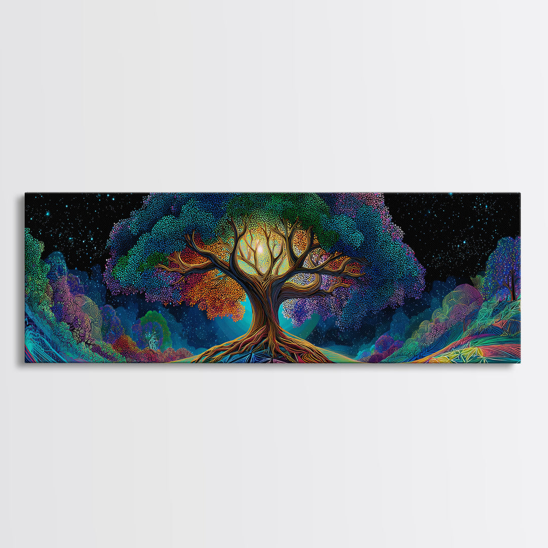 Glowing Tree Of Life Under Starry Sky Framed Canvas Print, Mystical Nature Wall Art For Boho Home Decor And Bedroom Decor