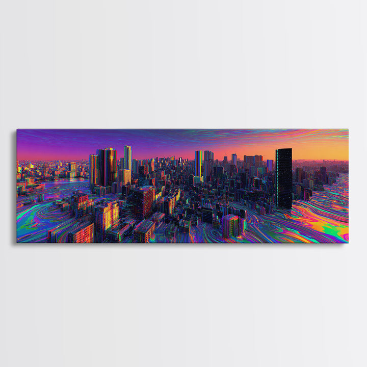 Neon Cyberpunk City Canvas Print, Futuristic Skyline Wall Art, Glitch Urban Decor, Modern Gaming Room Panoramic Wall Art Print