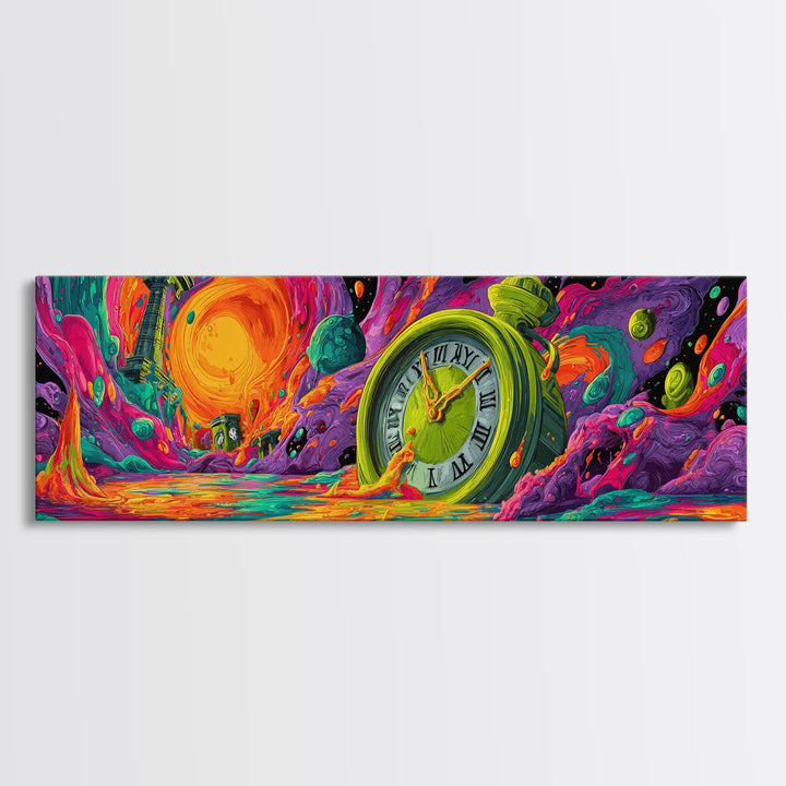 Melting Clock Alien Planet Wall Art, Surreal Psychedelic Landscape Print, Colorful Fantasy Decor, Statement Canvas Print