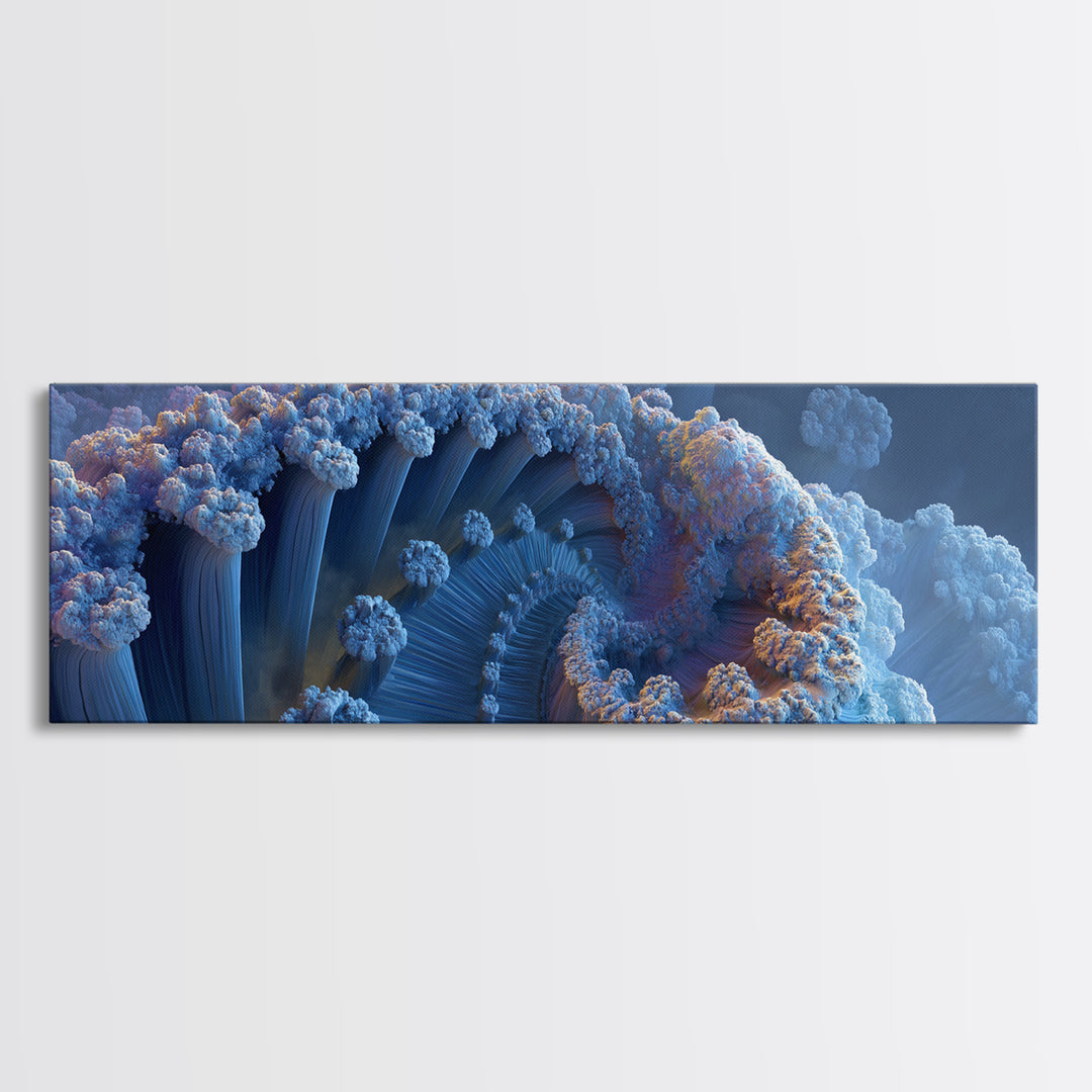 Blue Fractal Ocean Wave And Frozen Spiral Canvas Print, Abstract Seascape Wall Art For Modern Coastal Living Room Home Decor