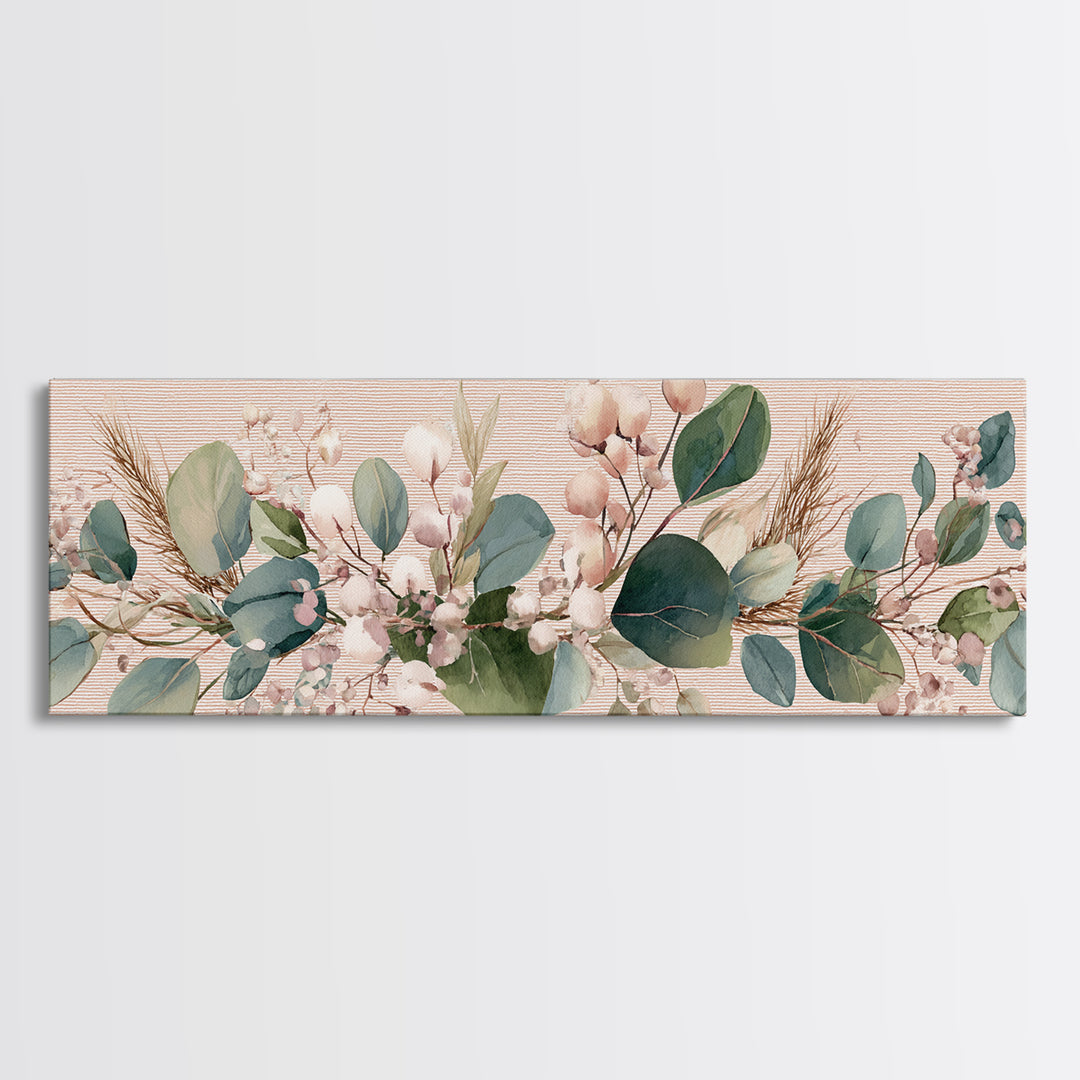 Eucalyptus Cotton Floral Garland Framed Canvas Print, Sage Green Wall Art, Boho Nursery Decor, Farmhouse Home Gift For Her