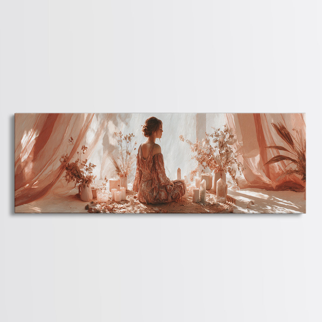 Boho Woman Candle Meditation Wall Art, Blush Drapery Sanctuary, Feminine Bedroom Decor, Spiritual Canvas, Gift For Her Print