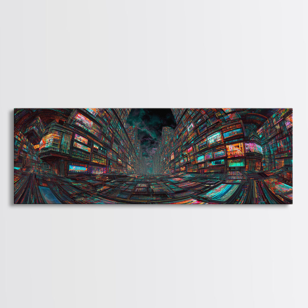 Neon Cyberpunk City With Glitch Streets Framed Canvas Print, Futuristic Wall Art For Gaming Room Decor And Office Decor, Gift For Him