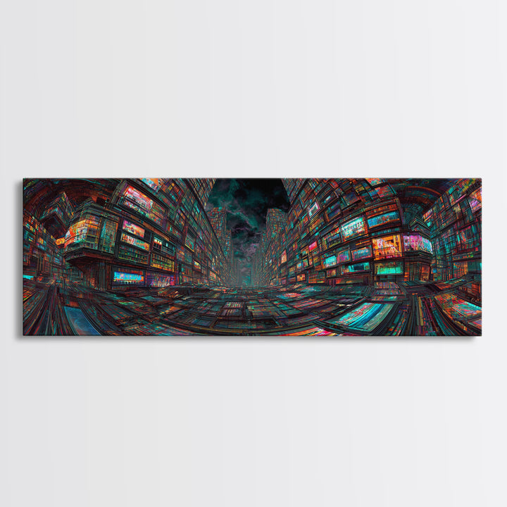 Neon Cyberpunk City With Glitch Streets Framed Canvas Print, Futuristic Wall Art For Gaming Room Decor And Office Decor, Gift For Him