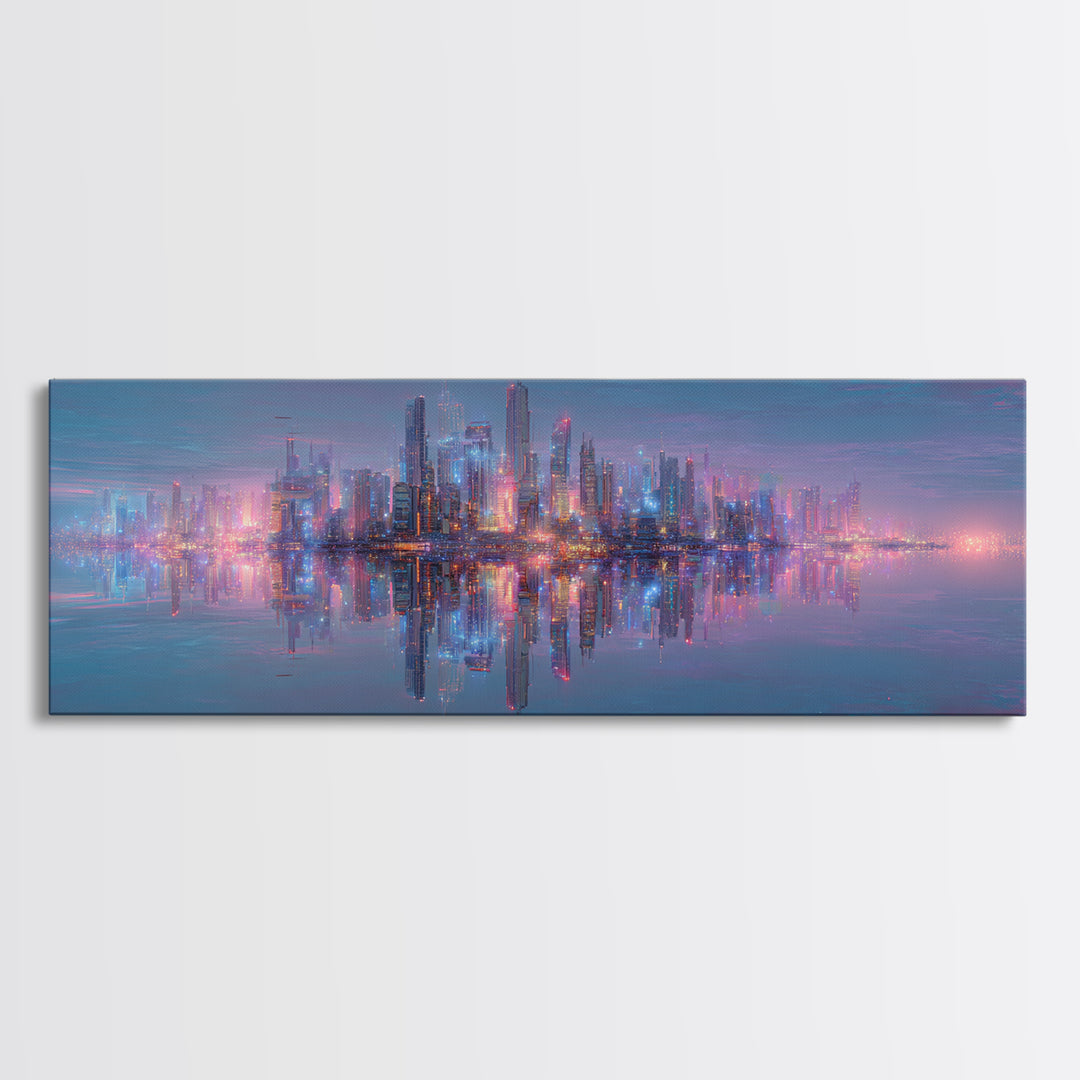 Neon Futuristic Skyline Reflection Wall Art, Panoramic Canvas Print, Cyberpunk Cityscape, Modern Living Room Decor, Large Horizontal Art