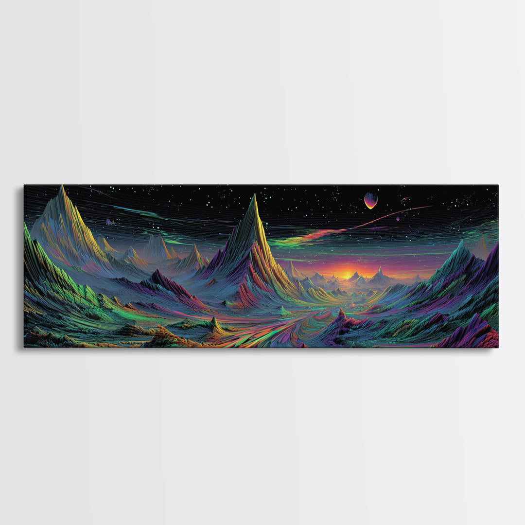 Alien Mountain Road Under Stars Wall Art, Psychedelic Space Landscape, Sci Fi Decor, Panoramic Canvas, Vaporwave Gamer Room Print