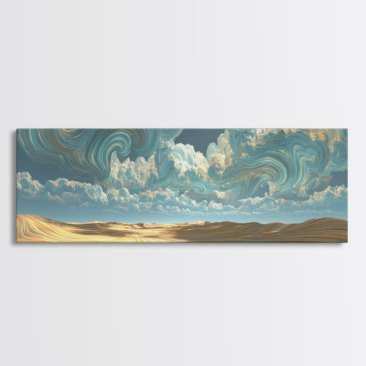 Surreal Golden Desert Under Swirling Clouds Canvas Print, Panoramic Landscape Wall Art For Modern Living Room Decor, Housewarming Gift