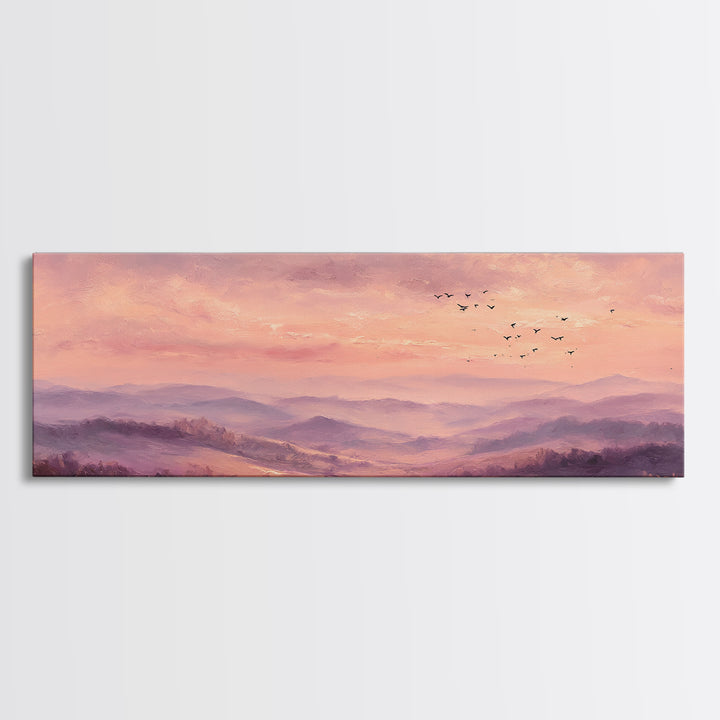 Misty Pink Mountain Landscape Wall Art, Romantic Sunrise Canvas Print, Large Horizontal Living Room Decor, Nature Gift Print