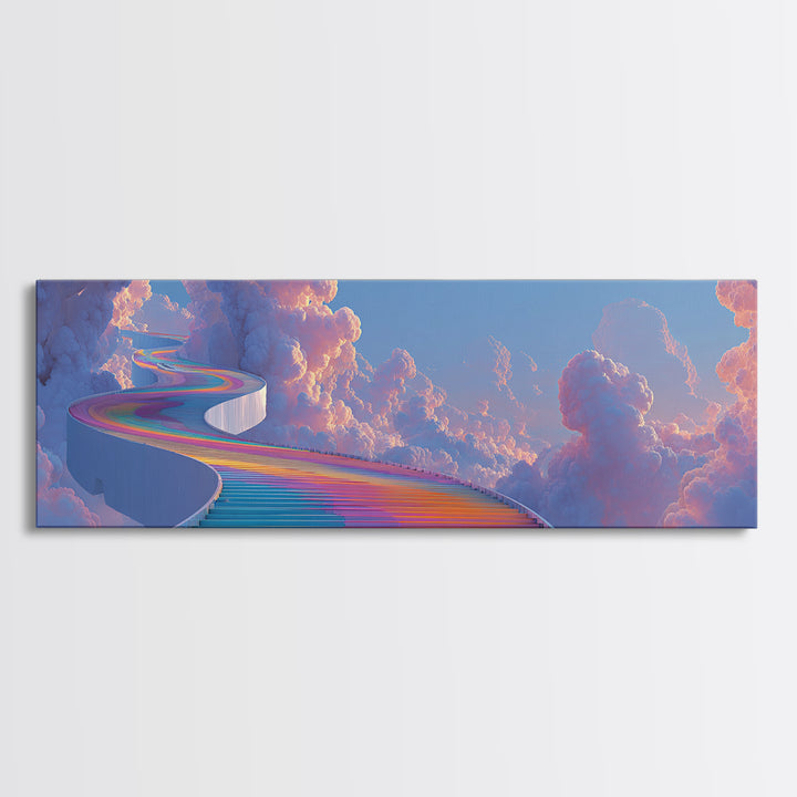 Rainbow Stairway Through Clouds Wall Art, Dreamy Celestial Fantasy Print, Pastel Whimsical Decor, Framed Canvas Print For Nursery