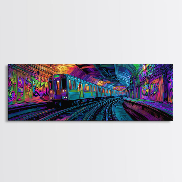 Neon Graffiti Subway Canvas Print, Urban Street Art Train, Cyberpunk Wall Decor, Gaming Room Art, Modern Wall Art Gift For Him