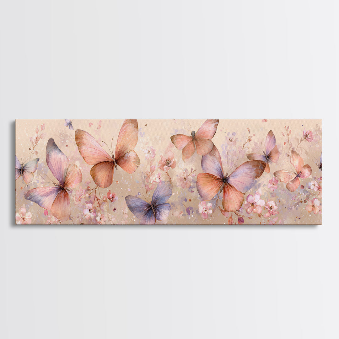 Pastel Butterfly Garden Wall Art, Soft Floral Canvas Print, Feminine Nursery Decor, Spring Bedroom Art, Gift For Her Print