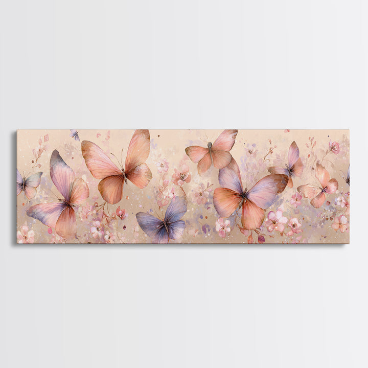 Pastel Butterfly Garden Wall Art, Soft Floral Canvas Print, Feminine Nursery Decor, Spring Bedroom Art, Gift For Her Print