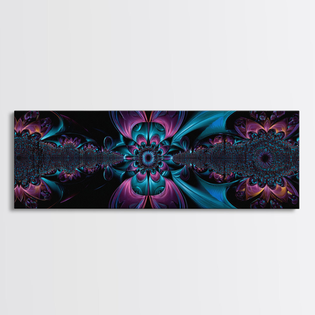 Neon Fractal Flower Mandala Wall Art, Symmetrical Psychedelic Canvas, Teal And Purple Abstract Decor, Meditation Room Print