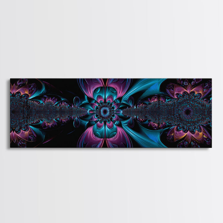 Neon Fractal Flower Mandala Wall Art, Symmetrical Psychedelic Canvas, Teal And Purple Abstract Decor, Meditation Room Print