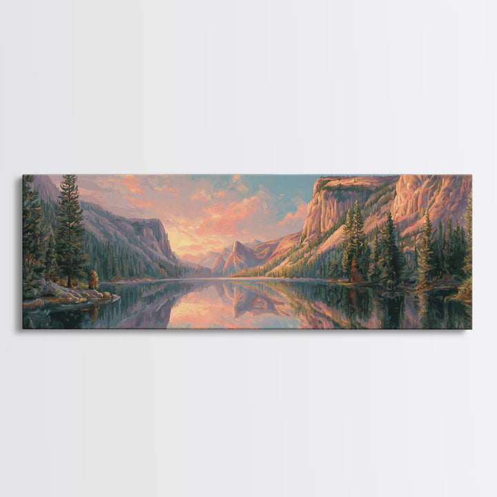 Serene Mountain Lake Sunset Wall Art, Panoramic Landscape Canvas Print, Rustic Nature Decor For Living Room And Cabin Home Decor