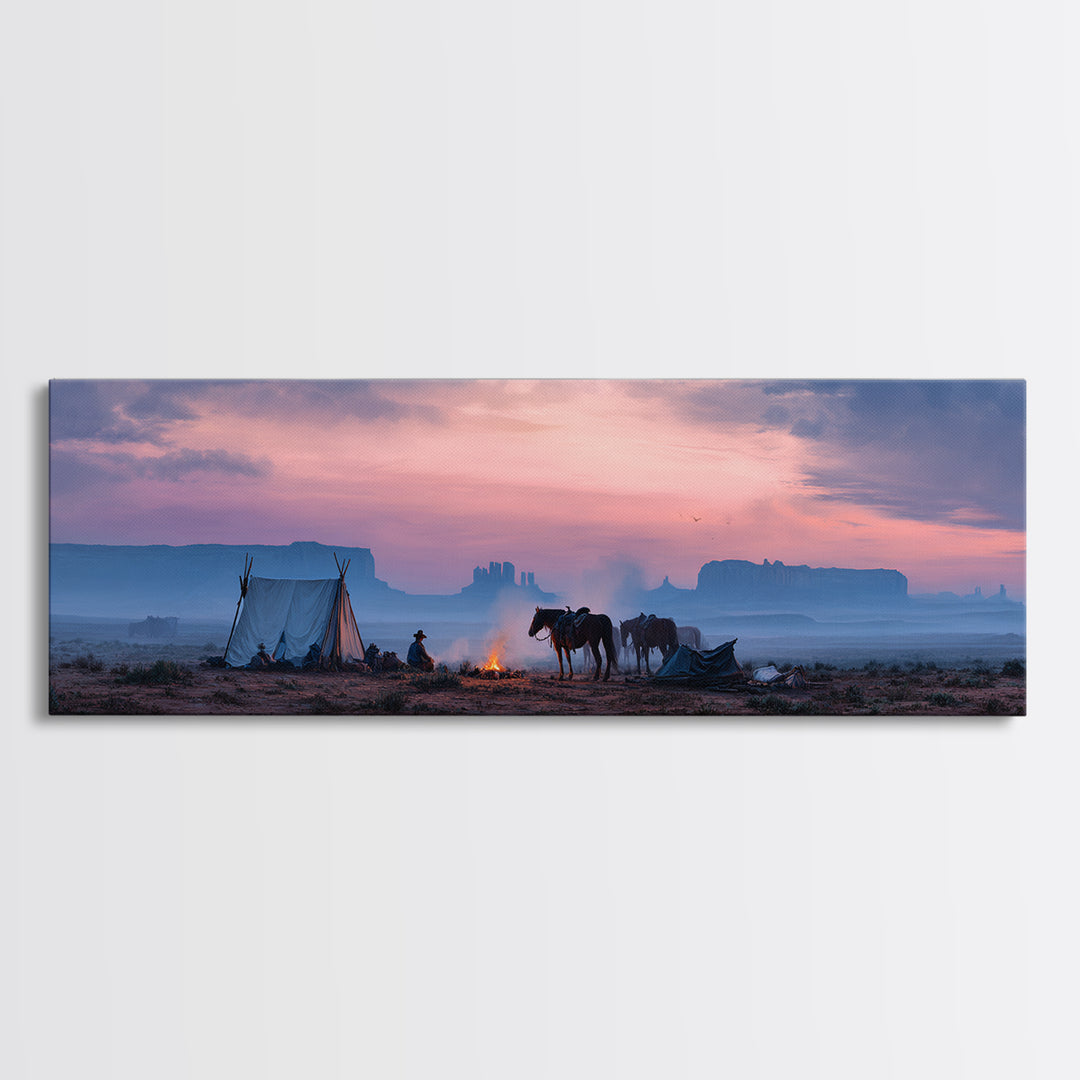 Western Desert Camp With Horses Framed Canvas Print, Cowboy Sunset Landscape, Southwestern Wall Art, Rustic Western Home Decor