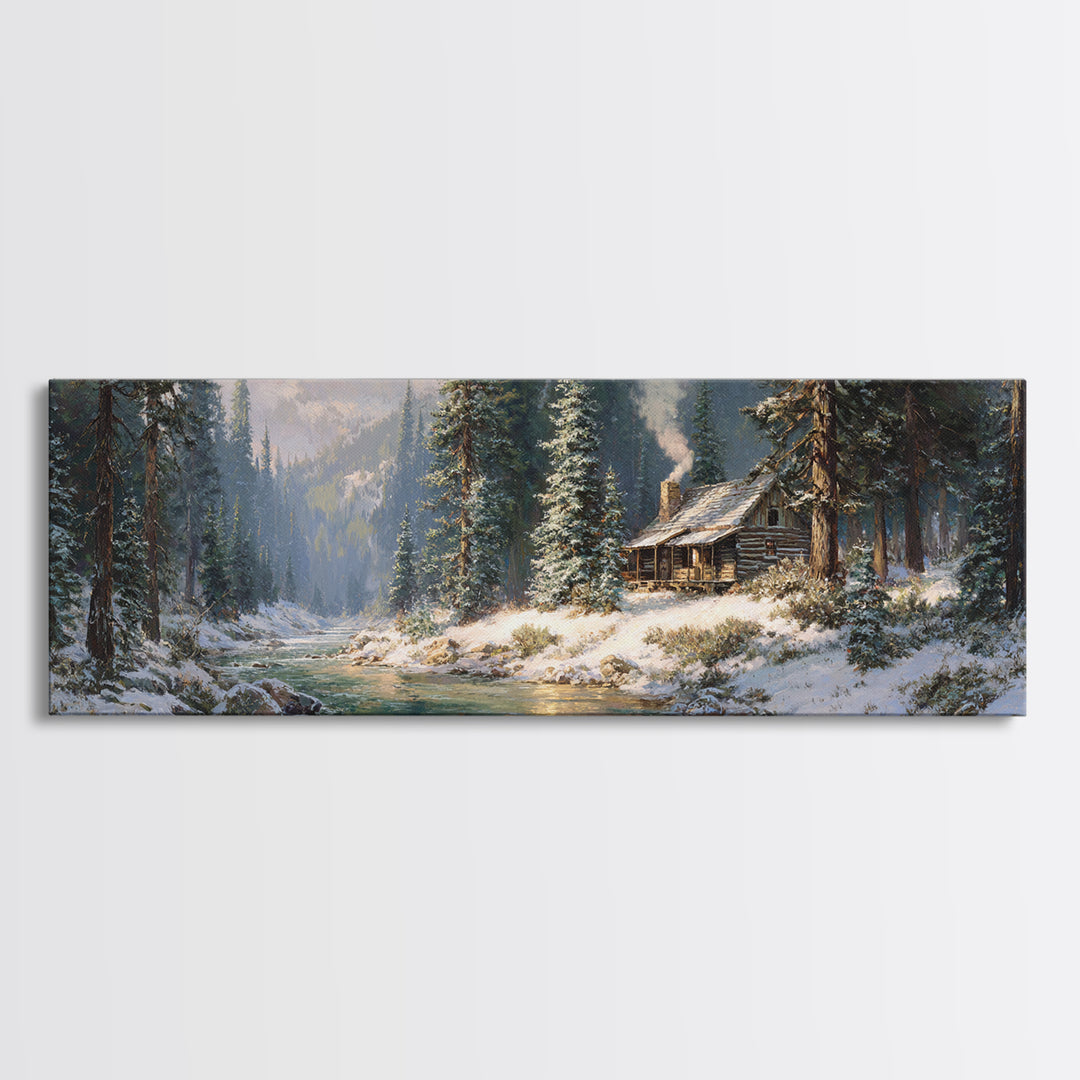 Snowy Cabin River Framed Canvas Print, Winter Forest Landscape Wall Art, Rustic Home Decor, Lake House Gift For Living Room Decor