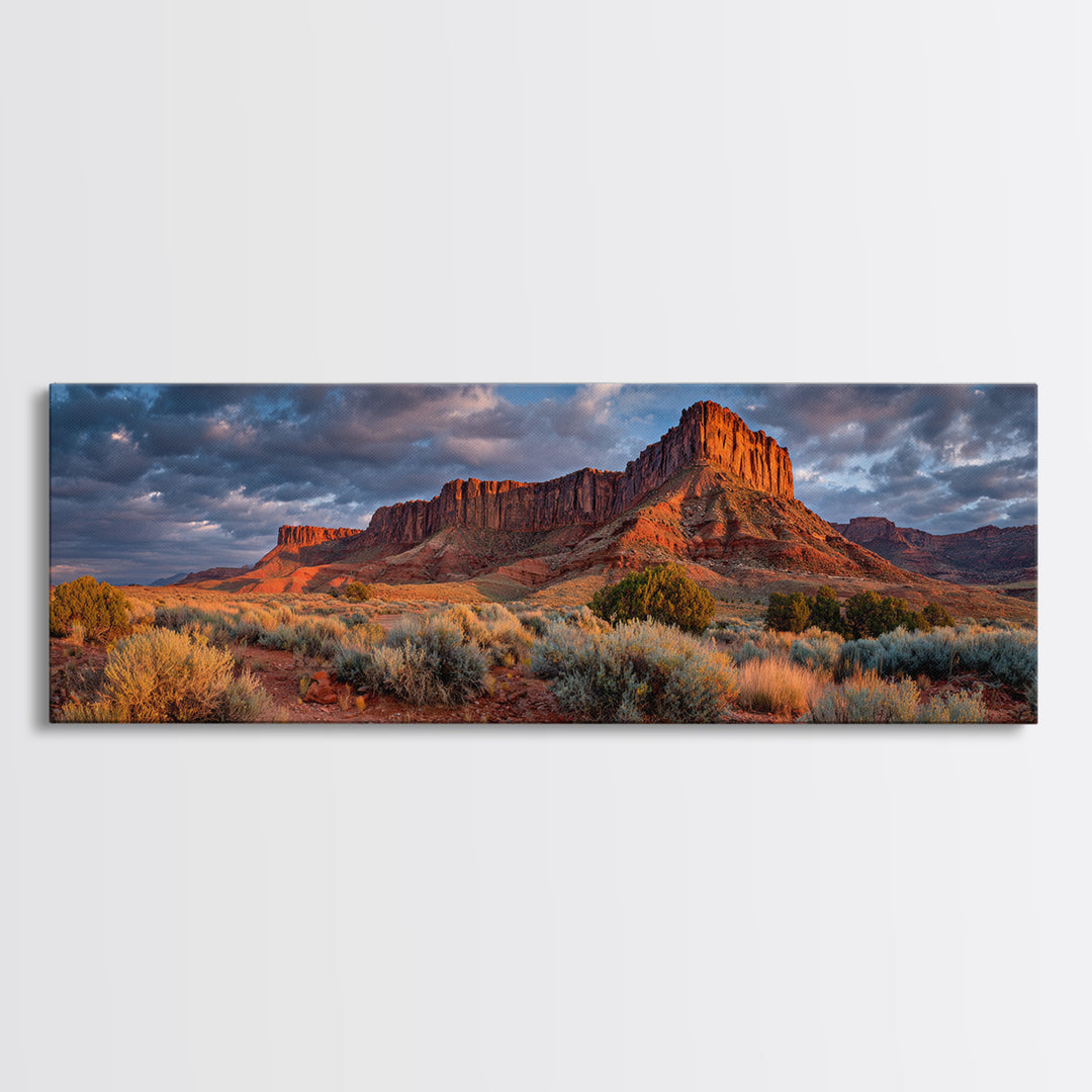 Red Rock Desert Mesa At Sunset Wall Art, Panoramic Southwestern Landscape Canvas, Rustic Home Decor, Large Living Room Print