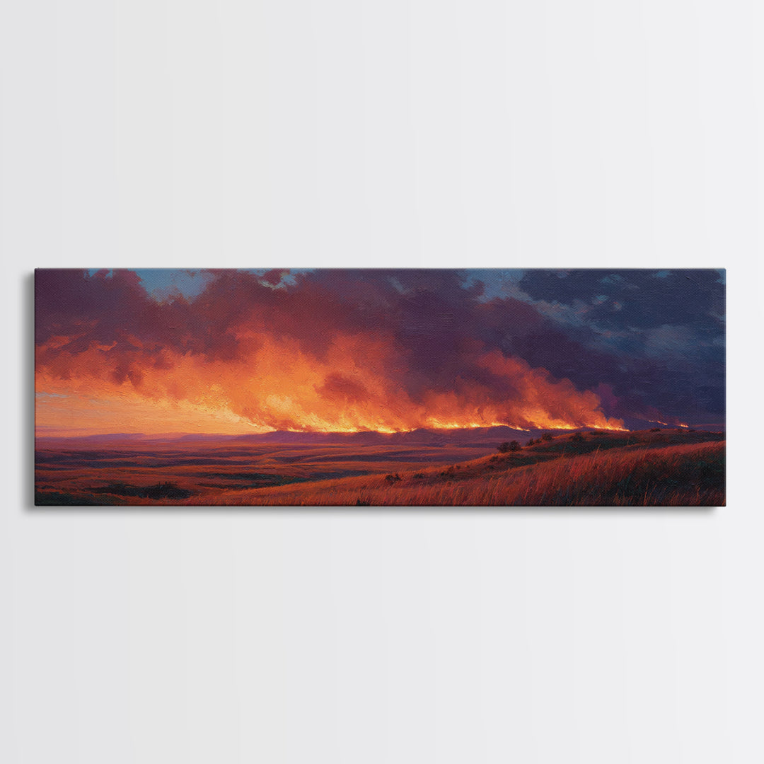 Wildfire Prairie Sunset Wall Art, Dramatic Grassland Landscape, Moody Rustic Decor, Western Canvas Print, Large Horizontal Art