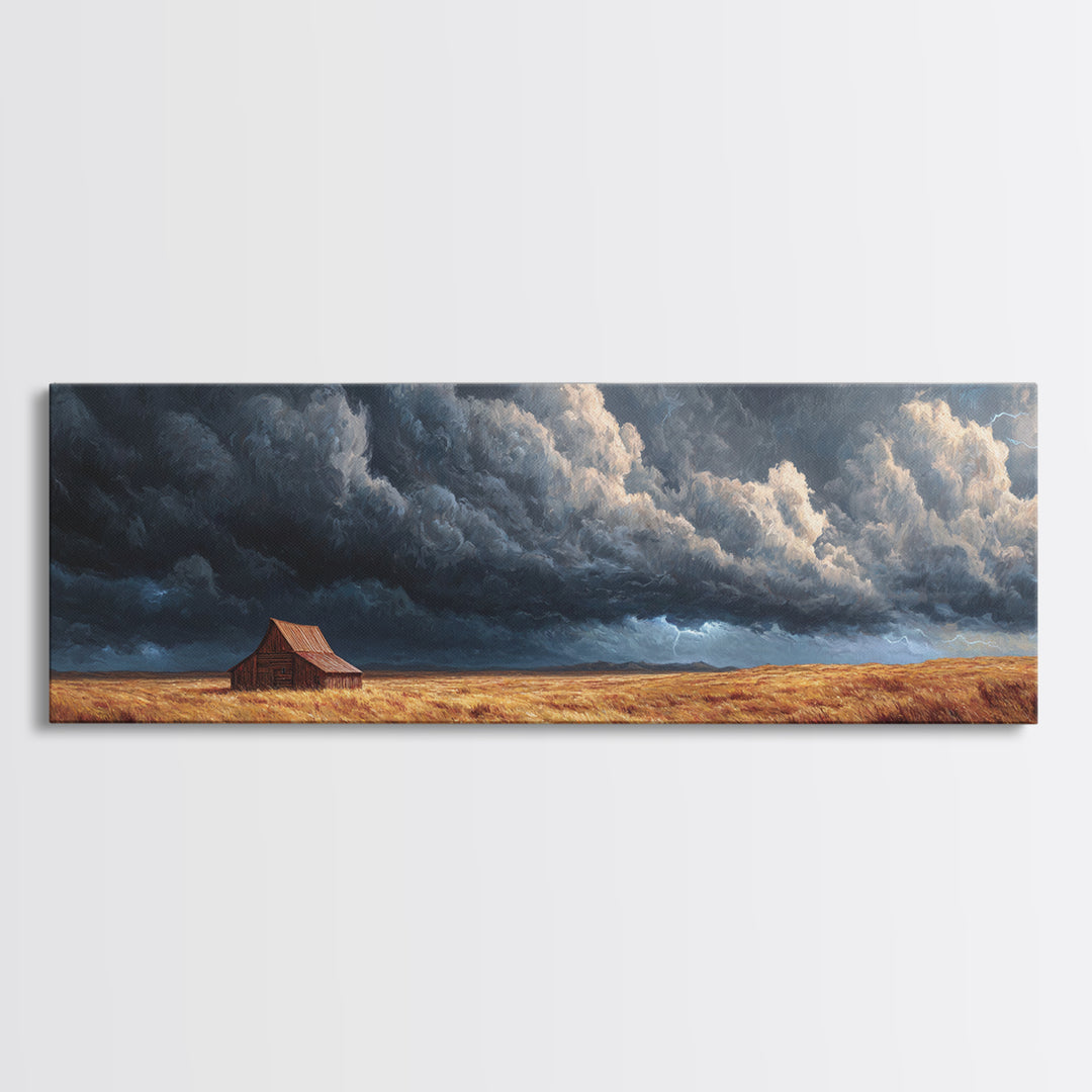 Stormy Prairie Barn Wall Art, Rustic Farmhouse Landscape Painting, Moody Country Decor, Large Horizontal Framed Canvas Print