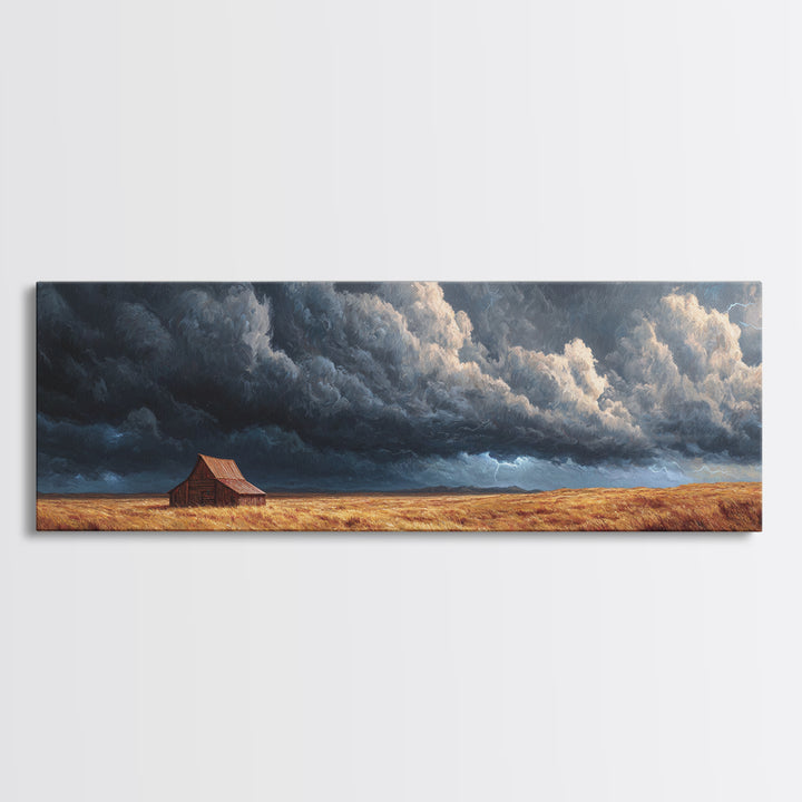 Stormy Prairie Barn Wall Art, Rustic Farmhouse Landscape Painting, Moody Country Decor, Large Horizontal Framed Canvas Print
