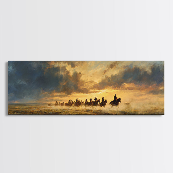 Galloping Cowboys At Sunset Framed Canvas Print, Western Horse Landscape Wall Art, Rustic Ranch Decor, Moody Prairie Painting