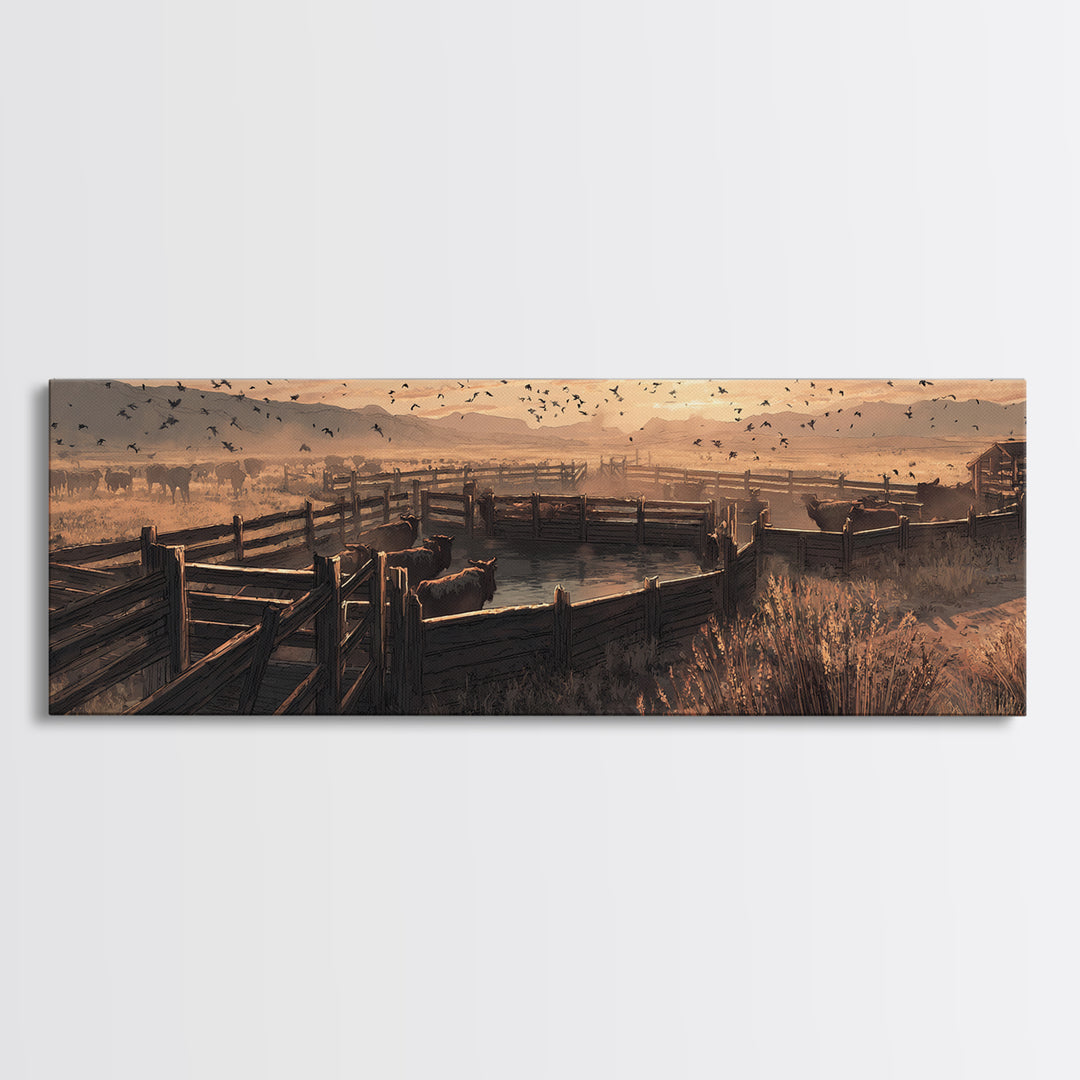 Sepia Ranch Corral Sunset Framed Canvas Print, Western Wall Art, Rustic Farmhouse Decor, Cowboy Landscape, Housewarming Gift