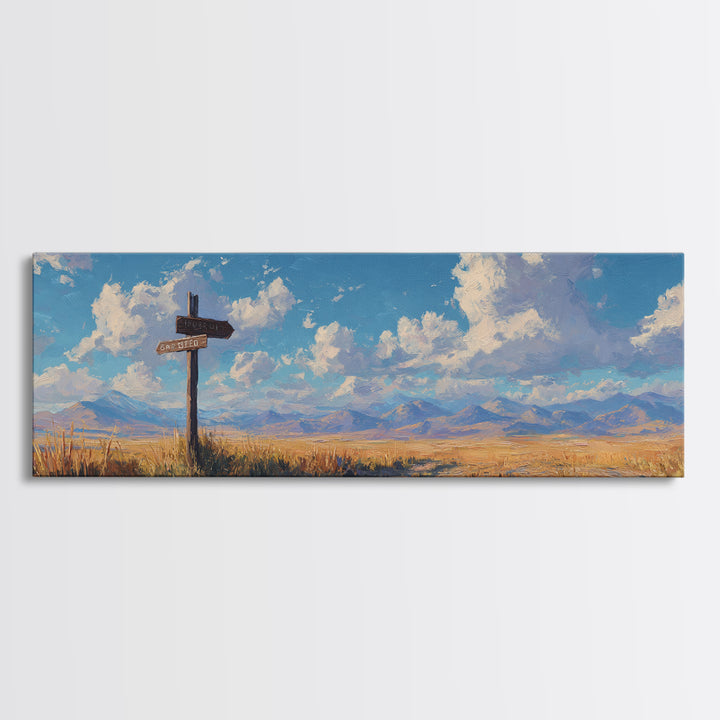 Sunlit Prairie Signpost And Mountain Meadow Wall Art, Rustic Country Landscape Canvas Print, Farmhouse Decor, Open Range Gift