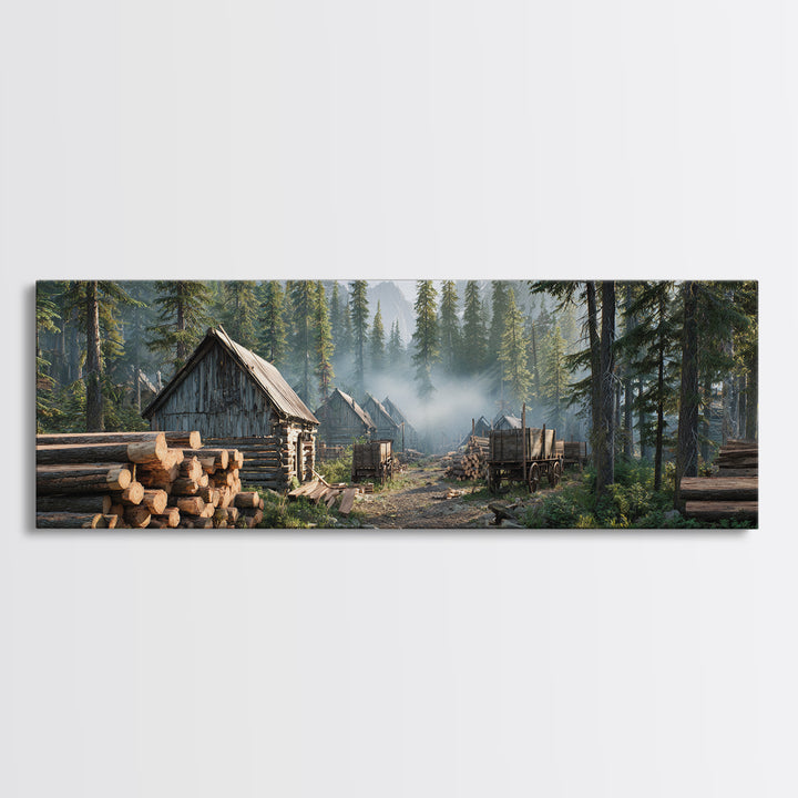 Rustic Logging Camp In Pine Forest Canvas Print, Large Cabin Wall Art, Woodland Landscape, Farmhouse Decor, Nature Lover Gift