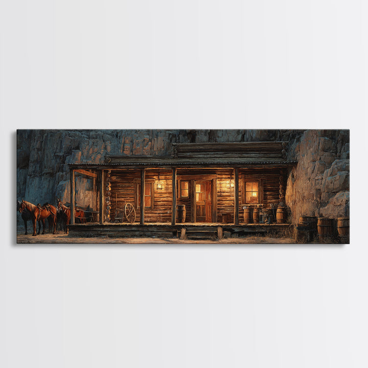 Rustic Western Saloon With Horses Framed Canvas Print, Cowboy Wall Art, Canyon Cabin Decor, Man Cave Rustic Wall Art Decor