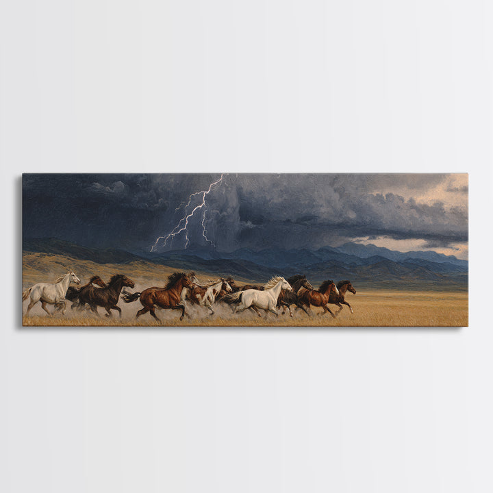 Wild Horses In Storm Wall Art, Western Landscape Canvas Print, Lightning Prairie Decor, Rustic Ranch Gift For Horse Lover