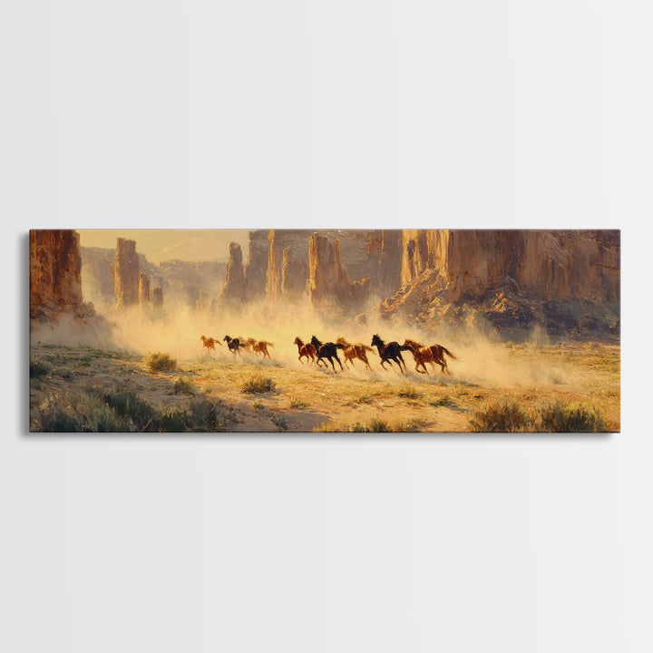 Wild Horses Running Through Desert Canyon Wall Art, Western Landscape Canvas Print, Southwest Decor, Rustic Living Room Art
