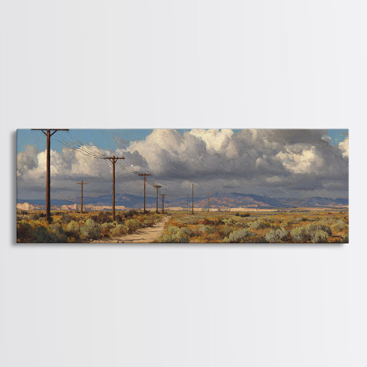 Desert Telephone Poles And Storm Clouds Wall Art, Western Landscape Canvas, Rustic Southwest Decor, Panoramic Print For Living Room