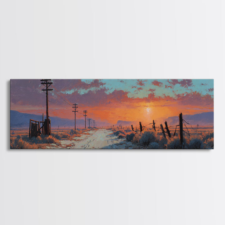 Snowy Country Road Sunset Wall Art, Rustic Winter Landscape Canvas, Farmhouse Decor, Wide Horizontal Print, Cozy Gift For Her