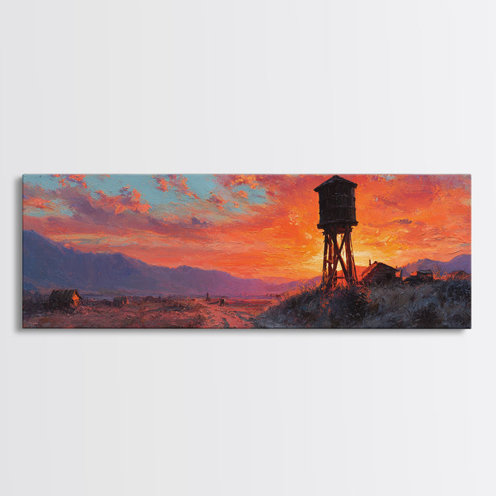 Sunset Water Tower Wall Art, Rustic Western Landscape Canvas Print, Farmhouse Country Decor, Warm Above Sofa Living Room Art Gift
