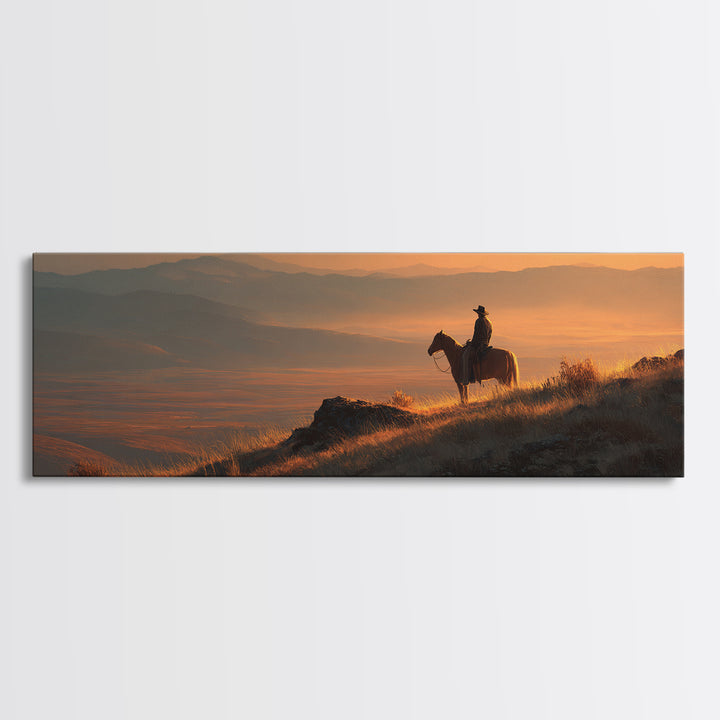 Cowboy Sunset Mountain Landscape Wall Art, Western Horse Rider Canvas Print, Rustic Ranch Decor, Masculine Office Art Gift