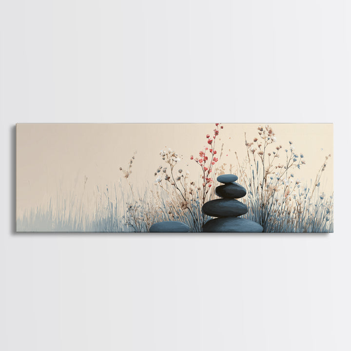 Zen Stacked Stones Wall Art, Minimalist Floral Canvas Print, Calming Spa Decor, Meditation Room Art, Neutral Home Decor Print