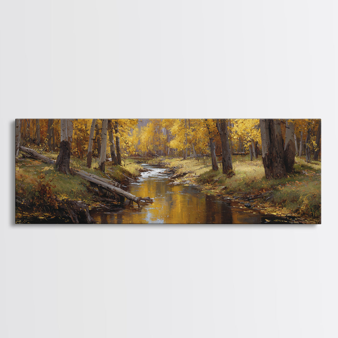 Golden Autumn Forest Creek Wall Art, Impressionist Aspen Landscape Canvas, Warm Nature Print, Rustic Living Room Decor, Cozy Home Decor