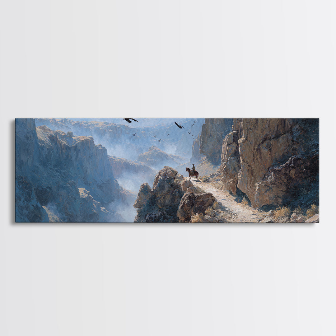 Snowy Mountain Canyon Rider Canvas Print, Western Landscape Wall Art, Eagle Wilderness Decor, Rustic Office Gift For Him