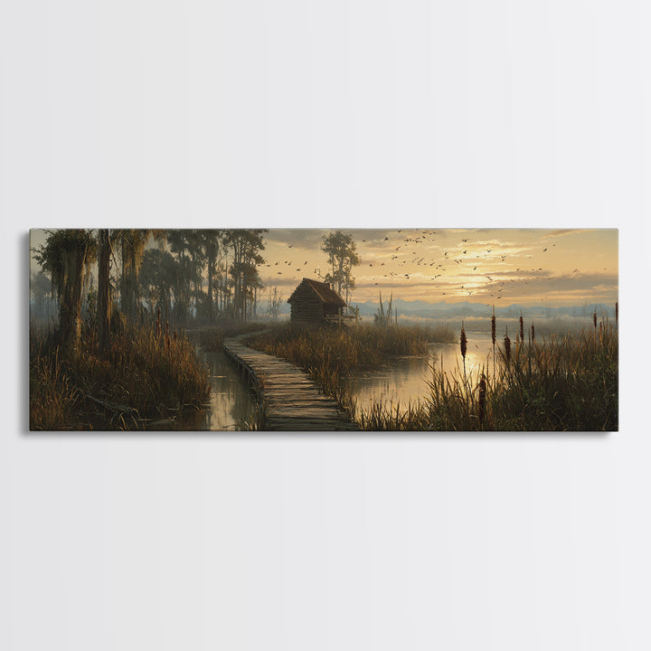 Misty Marsh Boardwalk Cabin Sunrise Birds Wall Art, Serene Wetlands Landscape Canvas Print, Rustic Nature Decor, Lake House Gift