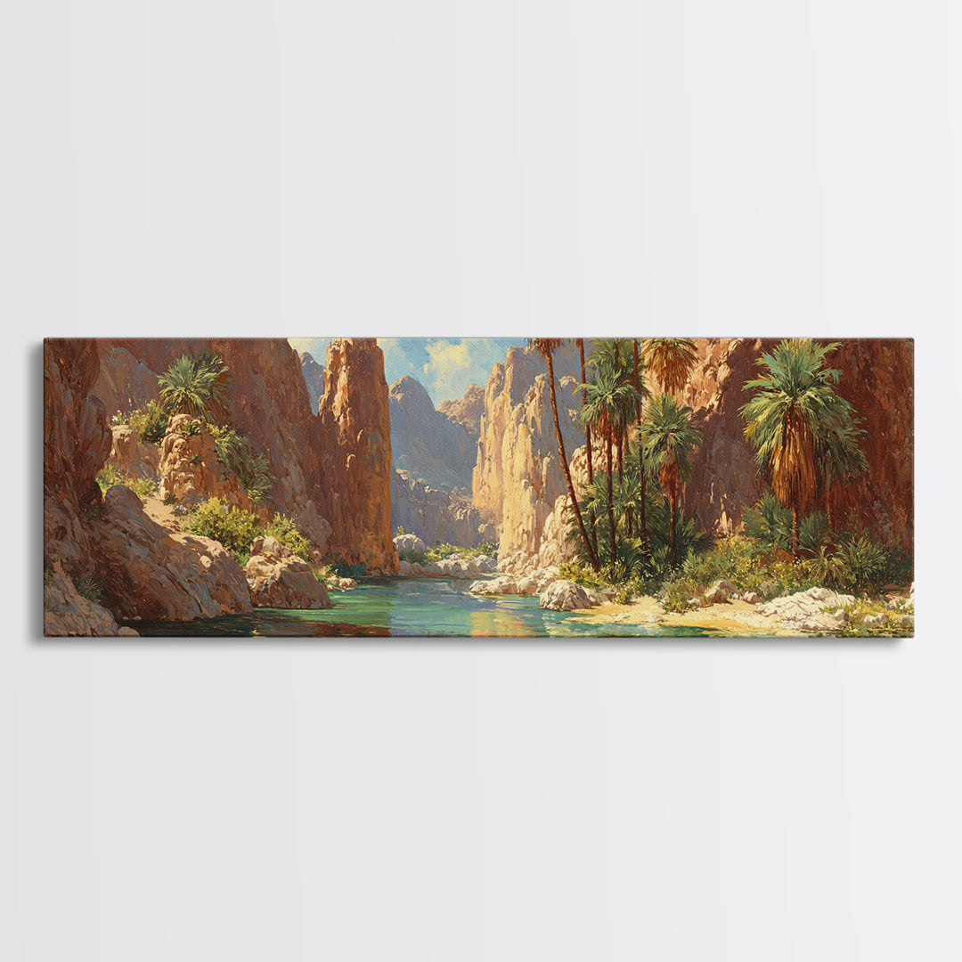 Desert Canyon Oasis Framed Canvas Print, Palm River Landscape Wall Art, Southwestern Decor, Large Panoramic Nature Print