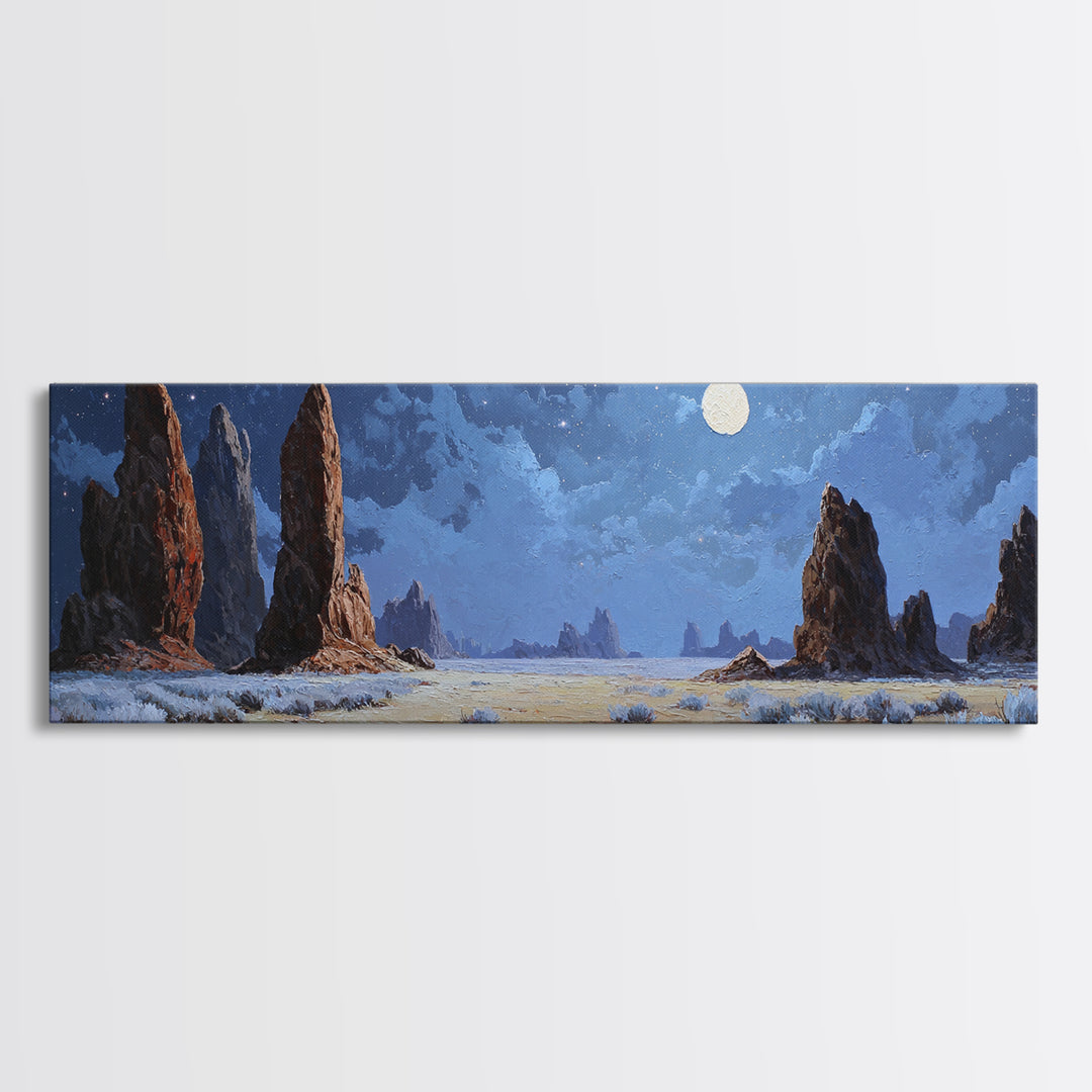 Moonlit Desert Rock Spires Canvas Print, Surreal Landscape Wall Art, Night Sky Decor, Southwestern Art, Moody Bedroom Wall Art