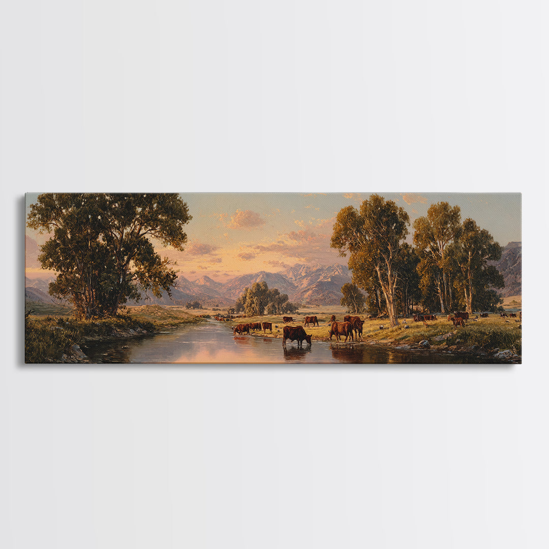 Pastoral River Cattle Valley Wall Art, Mountain Ranch Landscape Canvas, Western Farmhouse Print, Rustic Home Decor, Large Living Room Decor